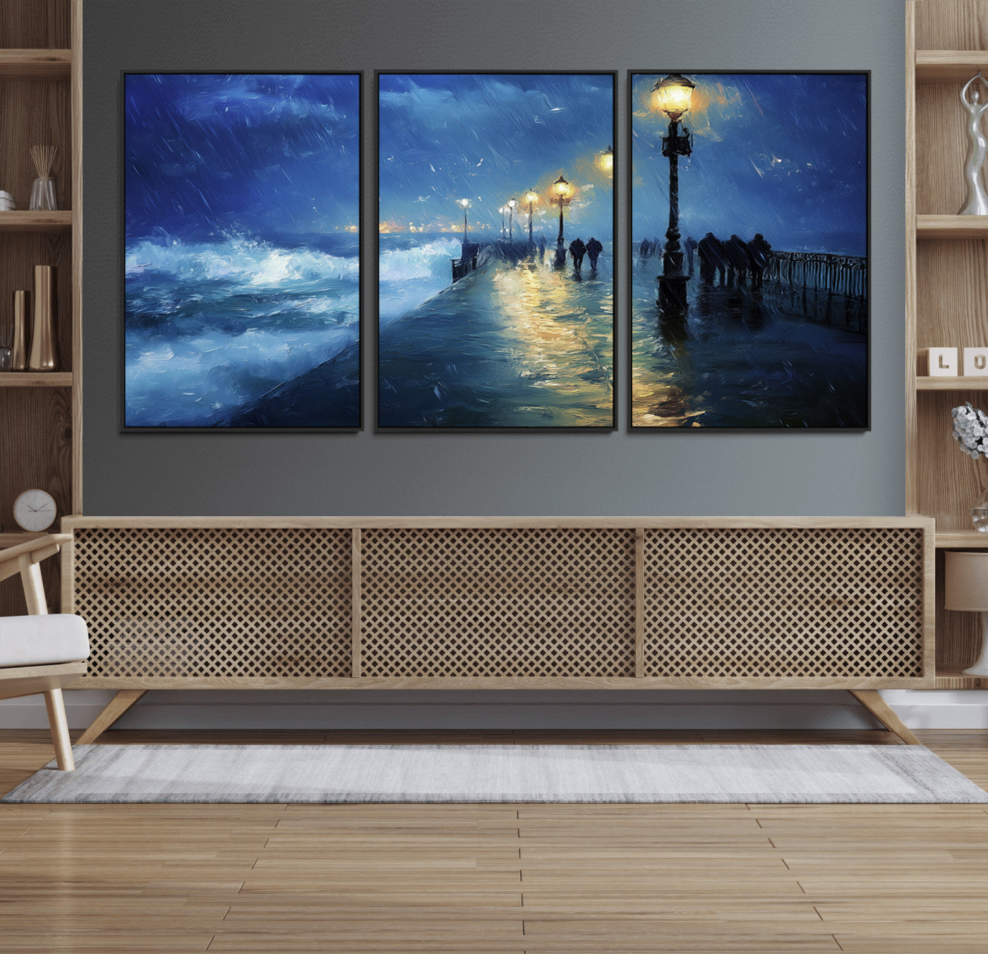 76572-MGV-FC-60X30-3P_Black-Stormy Night Pier Wall Art – Ocean Waves and Street Lamps Canvas Print, Rainy Seascape Oil Painting Poster for Living Room,