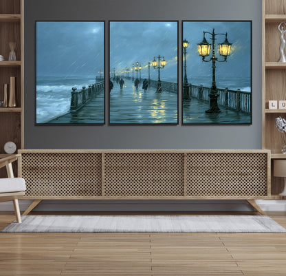 79606-MGV-FC-60X30-3P_Black-Rainy Pier Night Wall Art – Ocean Waves and Street Lamps Canvas Print, Moody Seascape Oil Painting Poster for Living Room,