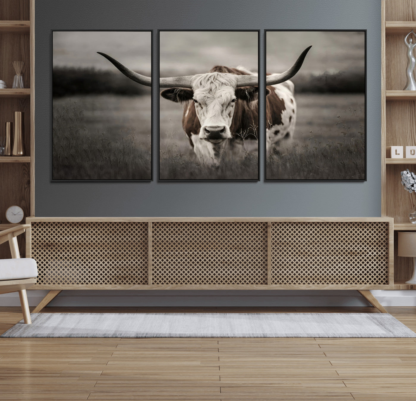 69238-MGV-FC-60X30-3P_Black-Longhorn Bull Wall Art – Rustic Black and White Texas Cattle Canvas Print, Western Farmhouse Animal Photography for Living Room,
