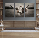 69238-MGV-FC-60X30-3P_Black-Longhorn Bull Wall Art – Rustic Black and White Texas Cattle Canvas Print, Western Farmhouse Animal Photography for Living Room,