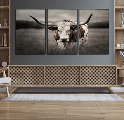 69238-MGV-FC-60X30-3P_Black-Longhorn Bull Wall Art – Rustic Black and White Texas Cattle Canvas Print, Western Farmhouse Animal Photography for Living Room,