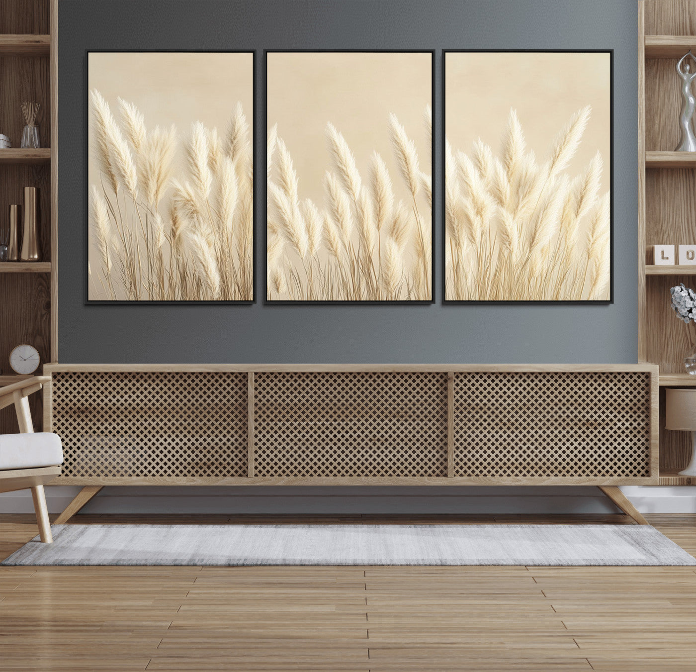 81444-MGV-CV-36X24-Pampas Grass Wall Art Canvas Print, Framed Beige Pampas Grass Art Picture Print, Minimalist Beige Perfect Minimalist Nature Decor