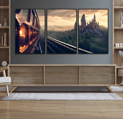 84029-MGV-CV-36X24-Fantasy Castle Wall Art – Magical Train Sunset Forest Canvas Print, Enchanted Landscape Painting Poster for Living Room, Bedroom,