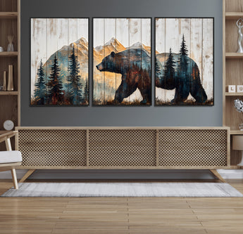 90077-MGV-CV-36X24-Wood Grizzly Bear Wall Art Canvas Print, Framed Abstract Bear Art Picture Print, Bear in Forest Perfect Rustic Lodge Decor Artwork