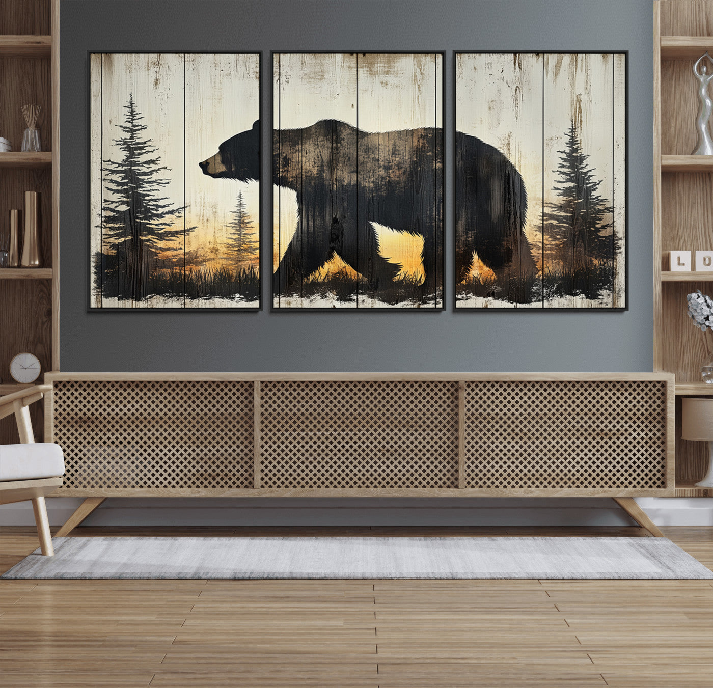 83875-MGV-CV-36X24-Sunset Bear Wall Art – Rustic Wildlife Canvas Print with Forest Silhouette, Cabin Lodge Decor for Living Room or Office
