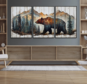 55777-MGV-CV-36X24-Rustic Bear Wall Art Canvas Print, Framed Mountain and Forest Art Picture Print, Wooden Bear Perfect Rustic Lodge Decor Artwork
