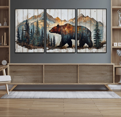 55777-MGV-CV-36X24-Rustic Bear Wall Art Canvas Print, Framed Mountain and Forest Art Picture Print, Wooden Bear Perfect Rustic Lodge Decor Artwork