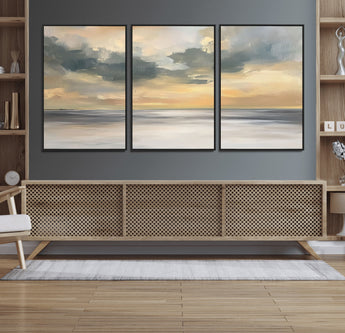 45544-MGV-FC-60X30-3P_Black-Ocean Sunset Wall Art – Serene Seascape Canvas Print with Golden Sky and Calm Water, Coastal Beach Artwork for Living Room,