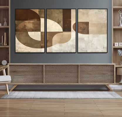 59767-MGV-FC-60X30-3P_Black-Abstract Geometric Shapes Wall Art – Modern Minimalist Canvas Print, Neutral Brown Beige Tan Artwork for Living Room, Bedroom,