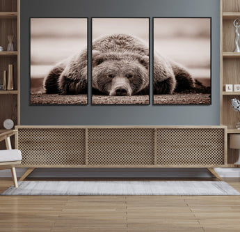 20611-MGV-FC-60X30-3P_Black-Grizzly Bear Wall Art – Majestic Wildlife Sepia Canvas Print, Rustic Nature Animal Artwork for Cabin, Lodge, Living Room, Bedroom,