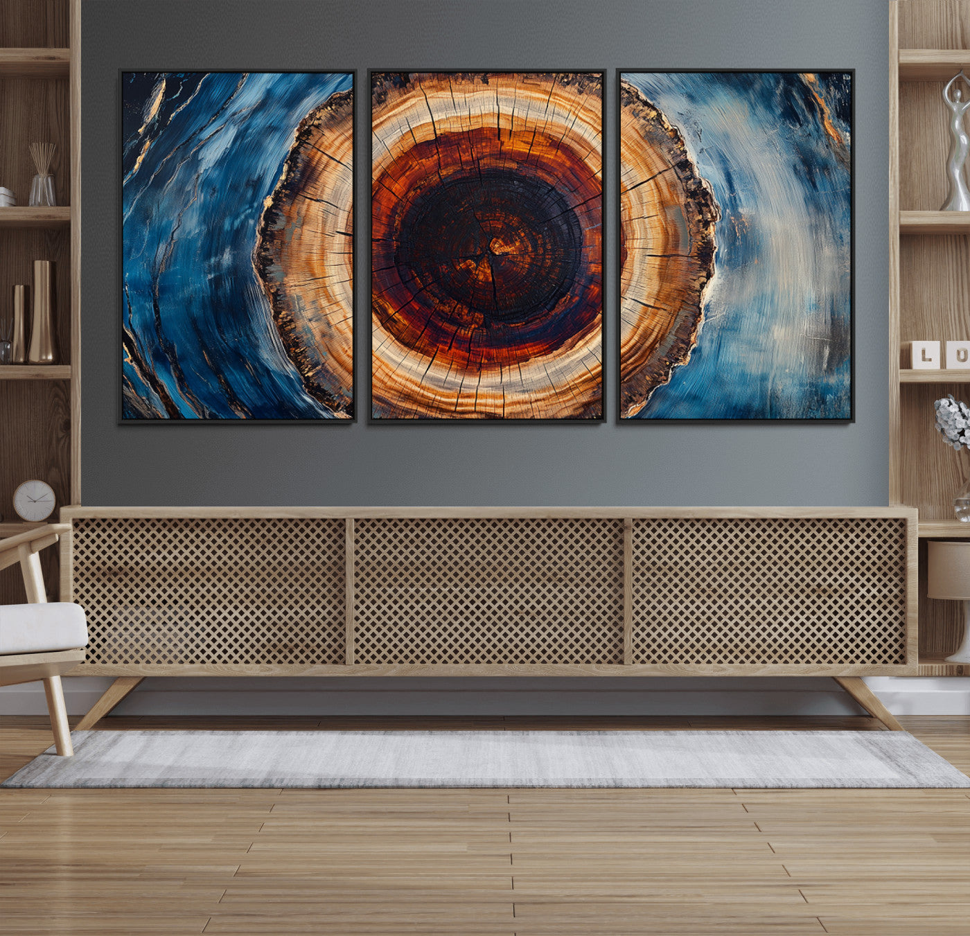 30457-MGV-FC-60X30-3P_Black-Tree Ring Abstract Wall Art – Blue and Brown Wood Grain Canvas Print, Modern Nature Inspired Painting for Rustic Living Room,