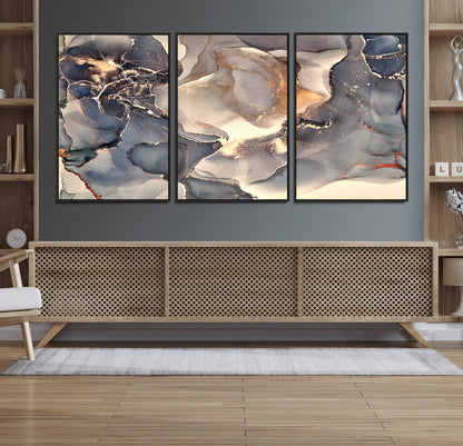 18202-MGV-FC-60X30-3P_Black-Abstract Neutral Wall Art – Blue, Beige and Gold Fluid Ink Canvas Print, Modern Minimalist Painting for Living Room, Office