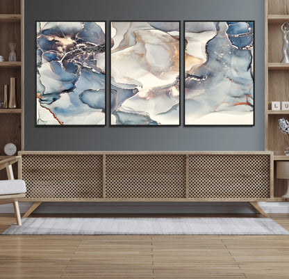 51497-MGV-FC-60X30-3P_Black-Abstract Blue and Gold Wall Art – Modern Fluid Ink Style Canvas Print, Elegant Contemporary Decor for Living Room, Office