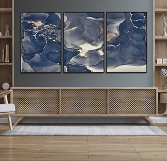 28282-MGV-FC-60X30-3P_Black-Blue Abstract Wall Art – Modern Ink Swirl Canvas Print, Contemporary Navy and Gold Painting for Living Room, Bedroom, Office or