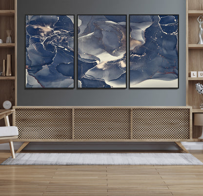 28282-MGV-FC-60X30-3P_Black-Blue Abstract Wall Art – Modern Ink Swirl Canvas Print, Contemporary Navy and Gold Painting for Living Room, Bedroom, Office or