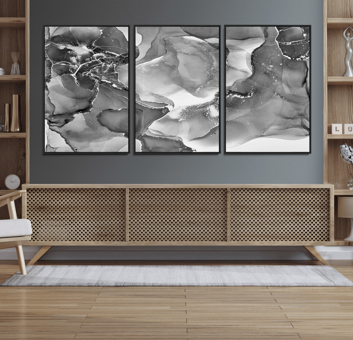 15911-MGV-FC-60X30-3P_Black-Black and White Abstract Wall Art – Modern Ink Swirl Canvas Print, Minimalist Contemporary Painting for Living Room, Bedroom,