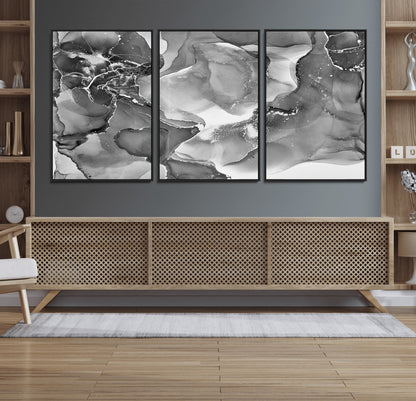 15911-MGV-FC-60X30-3P_Black-Black and White Abstract Wall Art – Modern Ink Swirl Canvas Print, Minimalist Contemporary Painting for Living Room, Bedroom,
