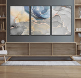 18176-MGV-FC-60X30-3P_Black-Abstract Fluid Wall Art – Modern Marble Ink Canvas Print with Blue, Gold, and Gray Tones, Contemporary Minimal Artwork Decor for