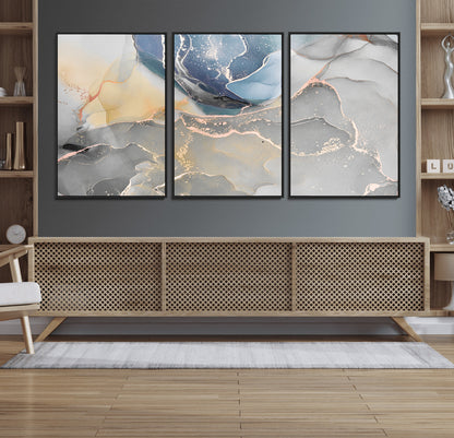 18176-MGV-FC-60X30-3P_Black-Abstract Fluid Wall Art – Modern Marble Ink Canvas Print with Blue, Gold, and Gray Tones, Contemporary Minimal Artwork Decor for