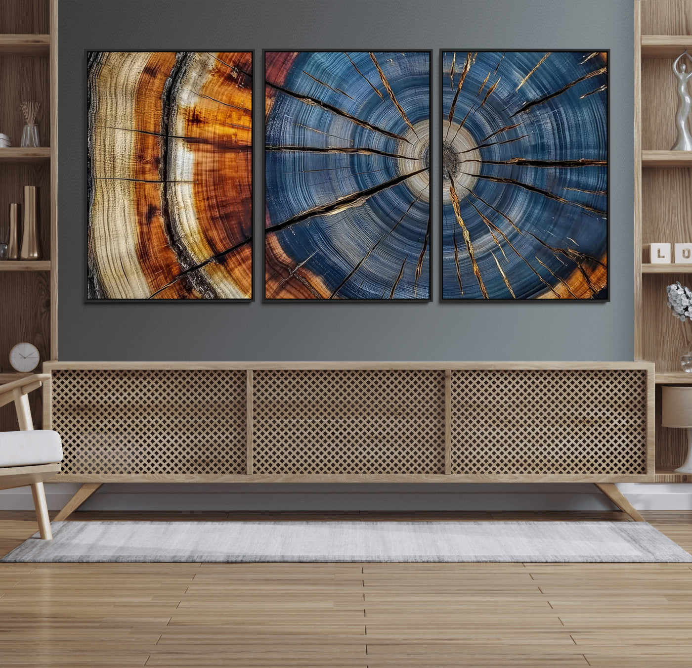 10583-MGV-FC-60X30-3P_Black-Tree Ring Wall Art – Abstract Wood Grain Canvas Print with Blue and Brown Tones, Nature Inspired Rustic Artwork for Living Room,