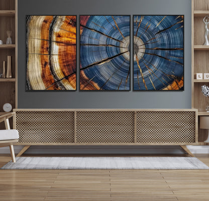 10583-MGV-FC-60X30-3P_Black-Tree Ring Wall Art – Abstract Wood Grain Canvas Print with Blue and Brown Tones, Nature Inspired Rustic Artwork for Living Room,