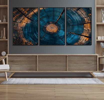 13398-MGV-FC-60X30-3P_Black-Tree Ring Wall Art – Abstract Wood Grain Canvas Print with Blue and Orange Accents, Rustic Nature Inspired Artwork for Living