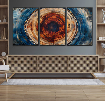 90395-MGV-FC-60X30-3P_Black-Tree Ring Wall Art – Abstract Wood Grain Canvas Print with Fiery Red and Blue Tones, Bold Rustic Nature Inspired Artwork Decor for