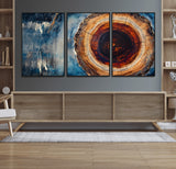 48045-MGV-CV-36X24-Tree Ring Abstract Wall Art – Rustic Wood Grain Canvas Print with Brown Center and Blue Brush Strokes, Nature Inspired Artwork for