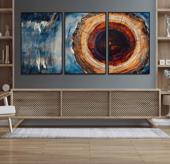 48045-MGV-CV-36X24-Tree Ring Abstract Wall Art – Rustic Wood Grain Canvas Print with Brown Center and Blue Brush Strokes, Nature Inspired Artwork for