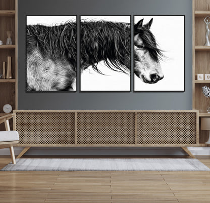 57694-MGV-FC-60X30-3P_Black-Horse Portrait Wall Art – Black and White Canvas Print with Detailed Stallion Profile, Rustic Farmhouse Equestrian Artwork for