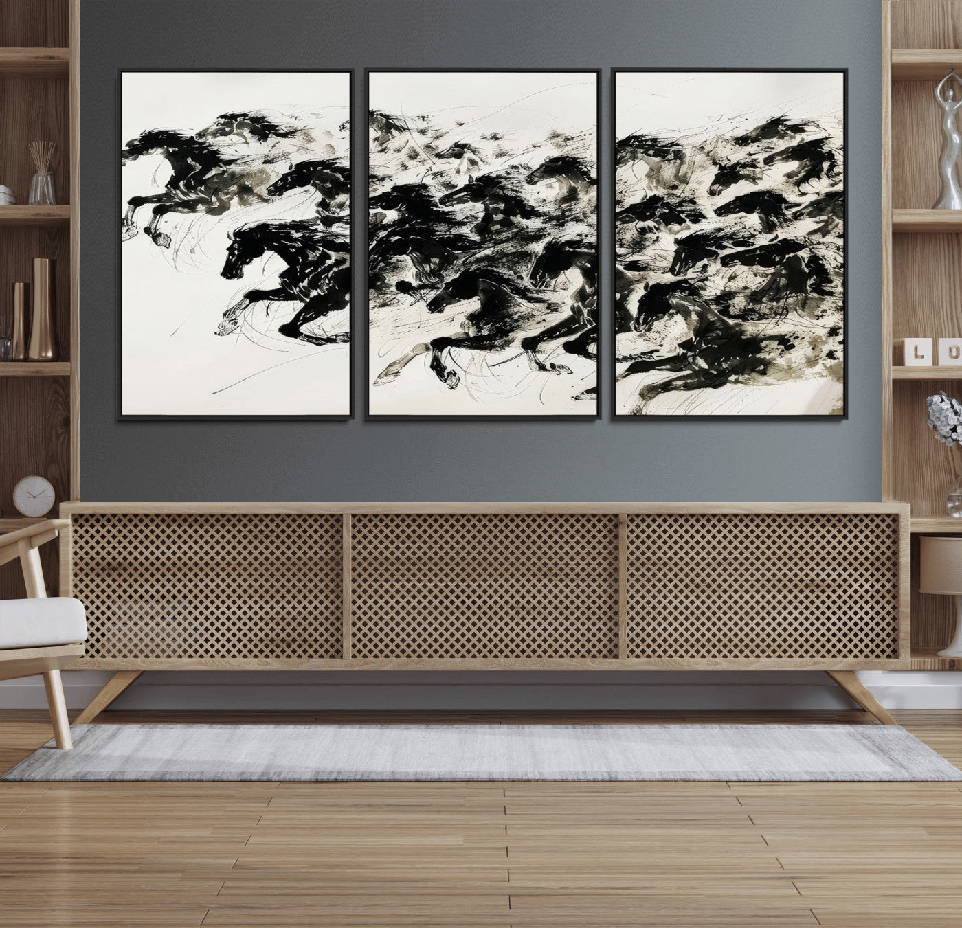 23069-MGV-FC-60X30-3P_Black-Galloping Horses Wall Art – Black Ink Painting on Canvas, Dynamic Equestrian Artwork with Running Stallions, Expressive Modern