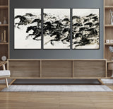 23069-MGV-FC-60X30-3P_Black-Galloping Horses Wall Art – Black Ink Painting on Canvas, Dynamic Equestrian Artwork with Running Stallions, Expressive Modern