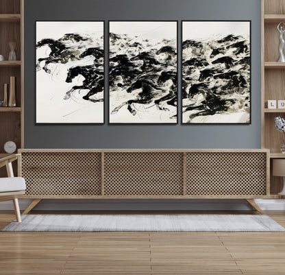 23069-MGV-FC-60X30-3P_Black-Galloping Horses Wall Art – Black Ink Painting on Canvas, Dynamic Equestrian Artwork with Running Stallions, Expressive Modern
