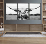 20272-MGV-CV-36X24-Highland Cow Wall Art – Black and White Western Longhorn Canvas Print, Farmhouse Living Room Decor Southwestern Animal Artwork for