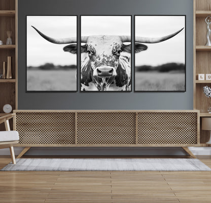 20272-MGV-CV-36X24-Highland Cow Wall Art – Black and White Western Longhorn Canvas Print, Farmhouse Living Room Decor Southwestern Animal Artwork for