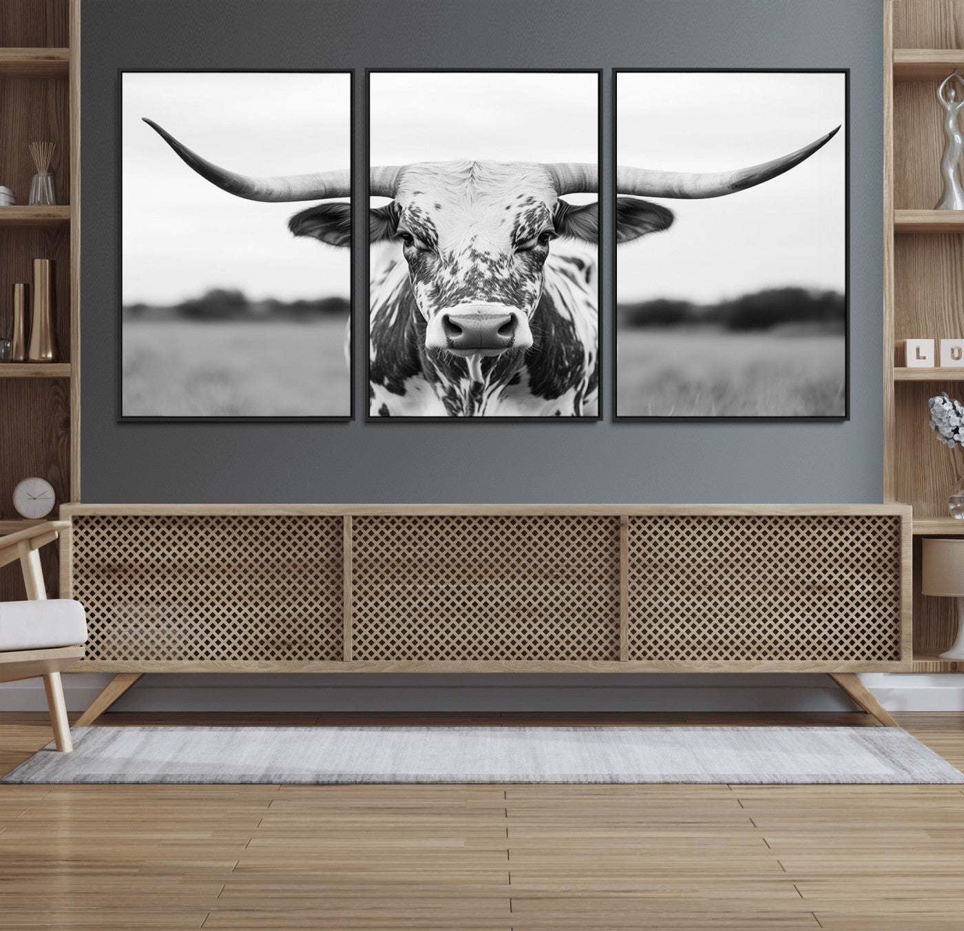 20272-MGV-FC-60X30-3P_Black-Texas Longhorn Wall Art – Black and White Cowboy Western Canvas Print, Rustic Farmhouse Cattle Photography Decor for Ranch, Barn