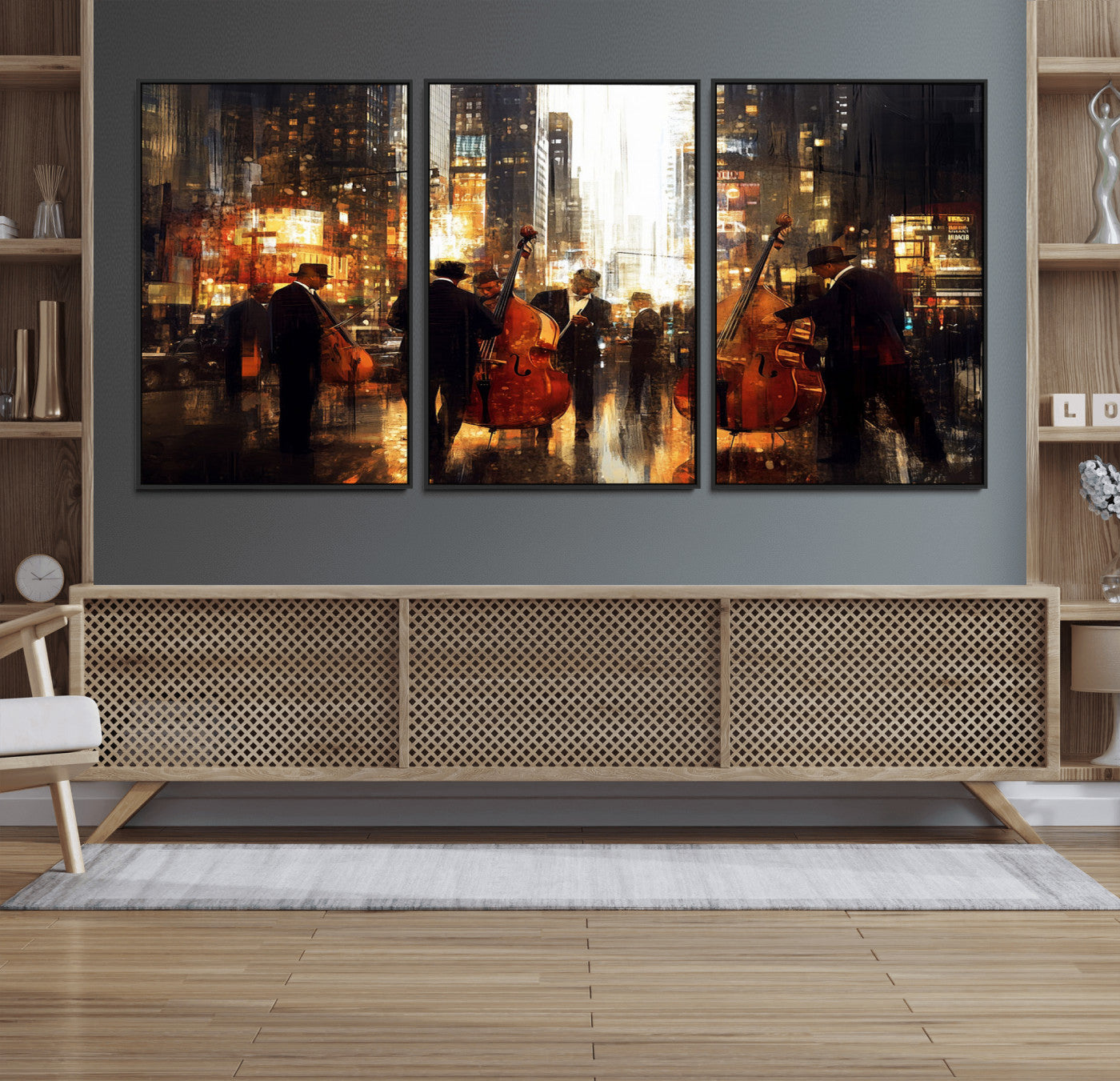58782-MGV-FC-60X30-3P_Black-Jazz Musicians Cityscape Wall Art – Vibrant Urban Night Canvas Print, Elegant Music Themed Decor for Living Room, Office, or Music