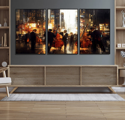 58782-MGV-FC-60X30-3P_Black-Jazz Musicians Cityscape Wall Art – Vibrant Urban Night Canvas Print, Elegant Music Themed Decor for Living Room, Office, or Music