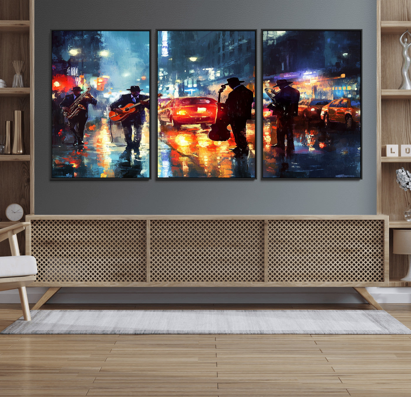 94605-MGV-FC-60X30-3P_Black-City Jazz Night Wall Art – Vibrant Music Canvas Print Featuring Saxophone, Guitar and Bass Players, Urban Street Scene Artwork for
