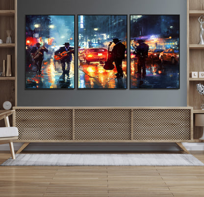 94605-MGV-FC-60X30-3P_Black-City Jazz Night Wall Art – Vibrant Music Canvas Print Featuring Saxophone, Guitar and Bass Players, Urban Street Scene Artwork for