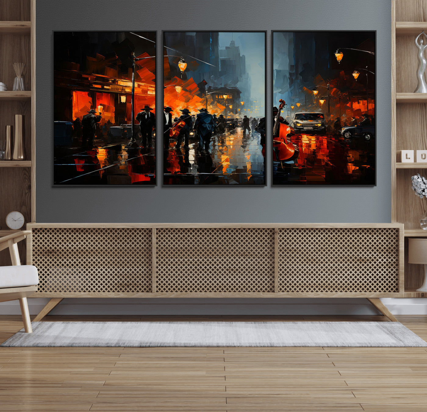 46538-MGV-FC-60X30-3P_Black-Urban Jazz Night Wall Art – Dramatic Music Canvas Print with Double Bass and Street Musicians, Modern City Scene Artwork for
