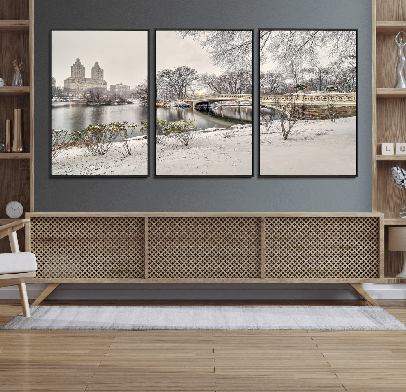 60292-MGV-FC-60X30-3P_Black-Central Park Winter Wall Art – Snowy Bow Bridge Canvas Print, Scenic New York City Landscape Photography for Living Room, Bedroom