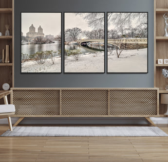 60292-MGV-FC-60X30-3P_Black-Central Park Winter Wall Art – Snowy Bow Bridge Canvas Print, Scenic New York City Landscape Photography for Living Room, Bedroom