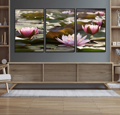72218-MGV-FC-60X30-3P_Black-Water Lily Pond Wall Art – Pink Lotus Flowers Canvas Print with Green Lily Pads, Peaceful Botanical Artwork for Living Room,