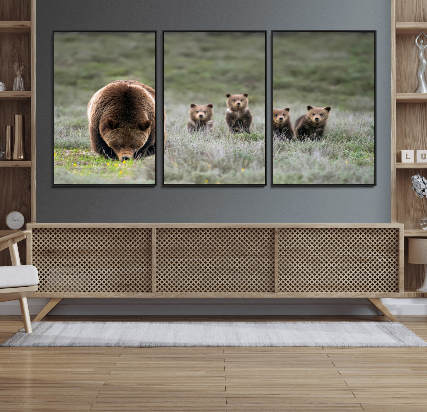 65087B-MGV-FC-60X30-3P_Black-Bear Family Wall Art – Wildlife Canvas Print Featuring Mother Bear with Cubs in Nature, Rustic Animal Artwork for Living Room,