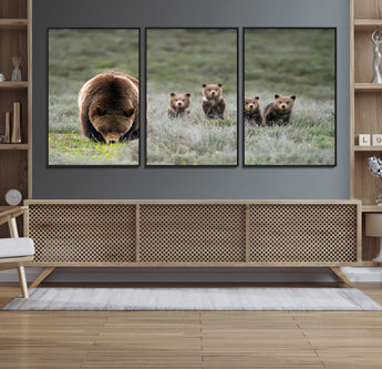 65087B-MGV-FC-60X30-3P_Black-Bear Family Wall Art – Wildlife Canvas Print Featuring Mother Bear with Cubs in Nature, Rustic Animal Artwork for Living Room,