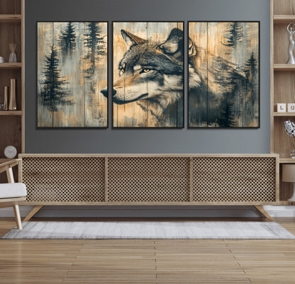 51892-MGV-FC-60X30-3P_Black-Wolf Wall Art – Rustic Canvas Print of Wolf with Forest Trees on Wood Texture, Wildlife Lodge Artwork for Living Room, Bedroom,