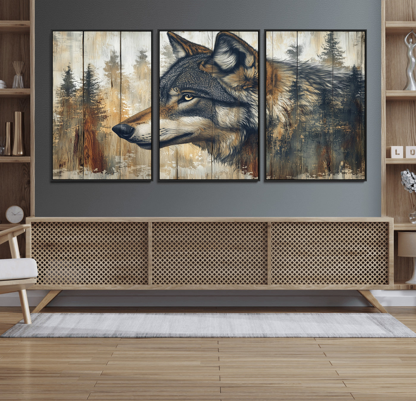 91882-MGV-CV-36X24-Wolf Wall Art – Rustic Canvas Print of Forest Wolf on Wood Background, Wildlife Lodge Artwork for Living Room, Bedroom, Cabin, or