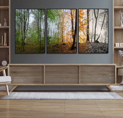 95317-MGV-FC-60X30-3P_Black-Four Seasons Forest Wall Art – Panoramic Nature Canvas Print Showing Spring, Summer, Autumn and Winter Landscape for Living Room,