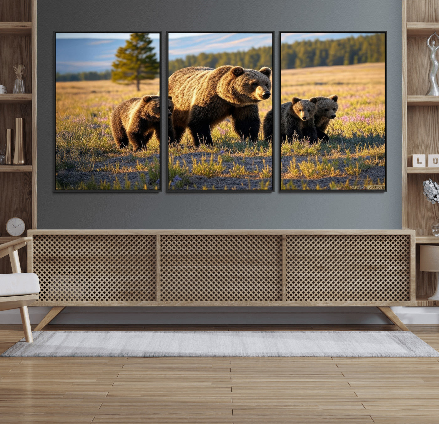 43400-MGV-FC-60X30-3P_Black-Bear Family Wall Art – Wildlife Canvas Print of Mother Bear with Cubs in Sunlit Meadow, Rustic Animal Artwork for Living Room,